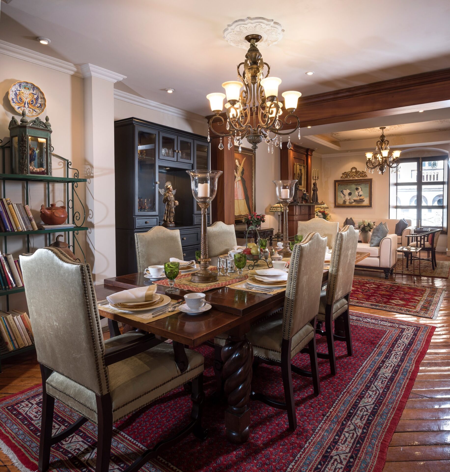 Dining room with chandelier and set table